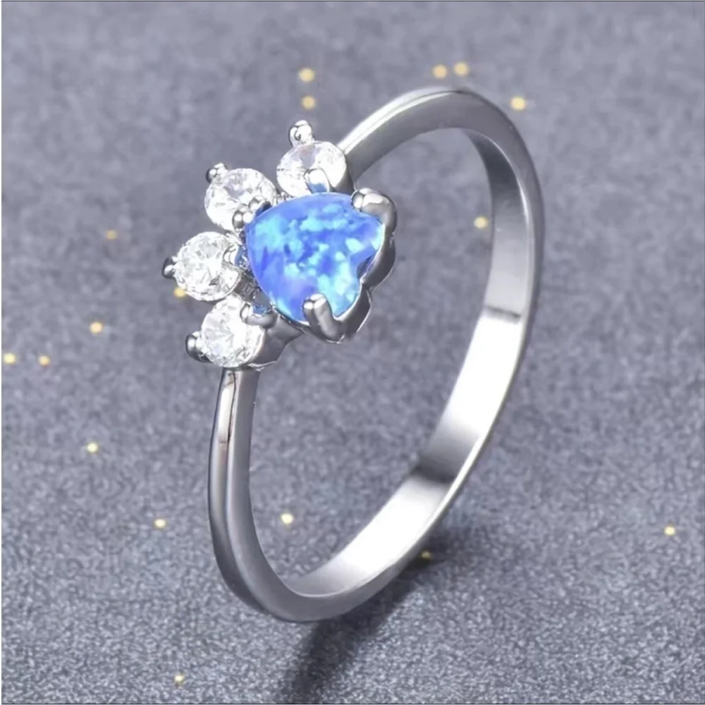 Paw Print 🐾 Blue Fire Opal and Cubic Zirconia Lab Created Ring Size 9